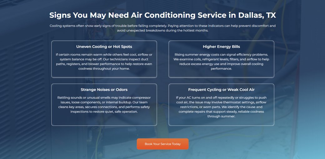 A detailed HVAC service page explaining the signs a homeowner needs air conditioning service