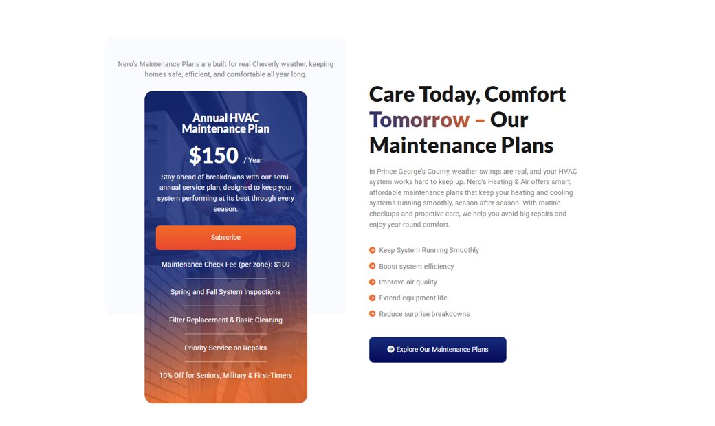 An HVAC pricing page showing a maintenance plan with clear pricing and a subscribe button