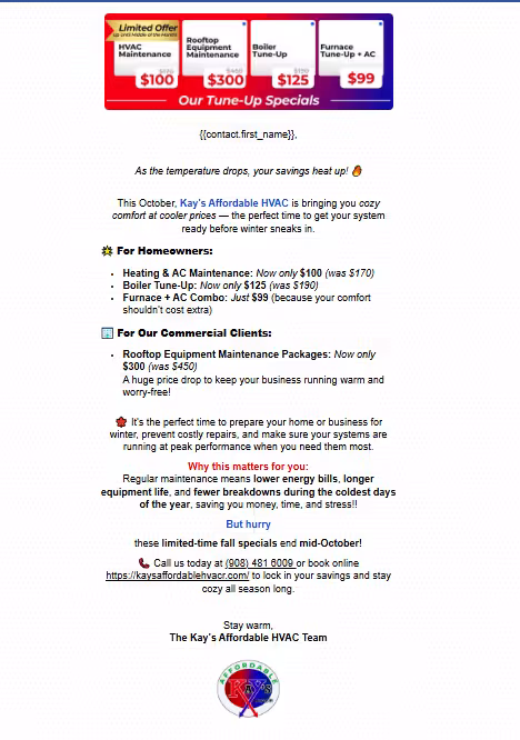 Kay’s Affordable HVAC fall tune-up specials email