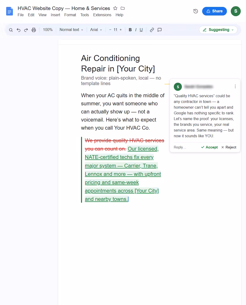 A Google Docs copy editor in Suggesting mode, where an RS Gonzales copywriter rewrites a generic HVAC line into specific, homeowner-focused proof