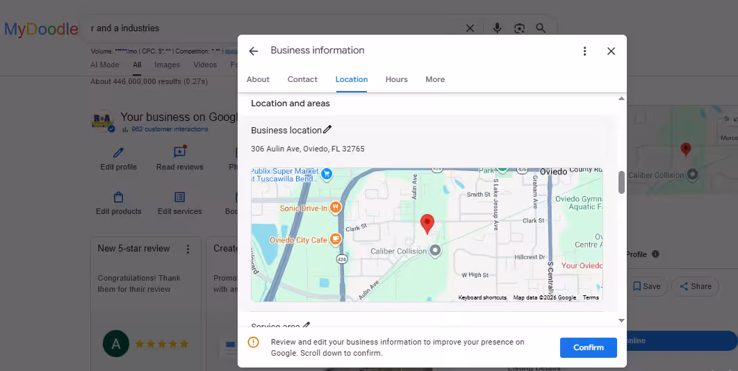 Google Business Profile editor showing the business location, hours, and service area