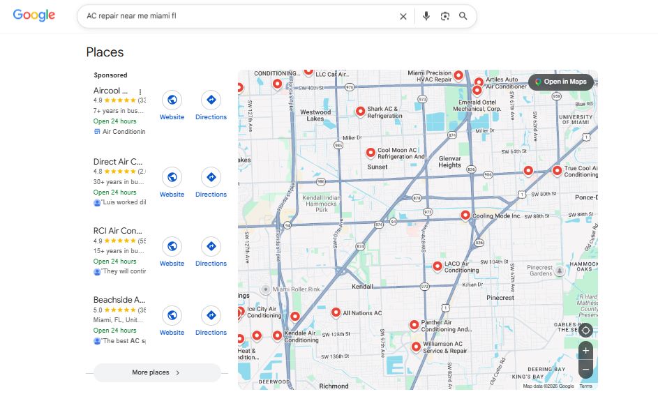 Google local map pack of AC repair companies