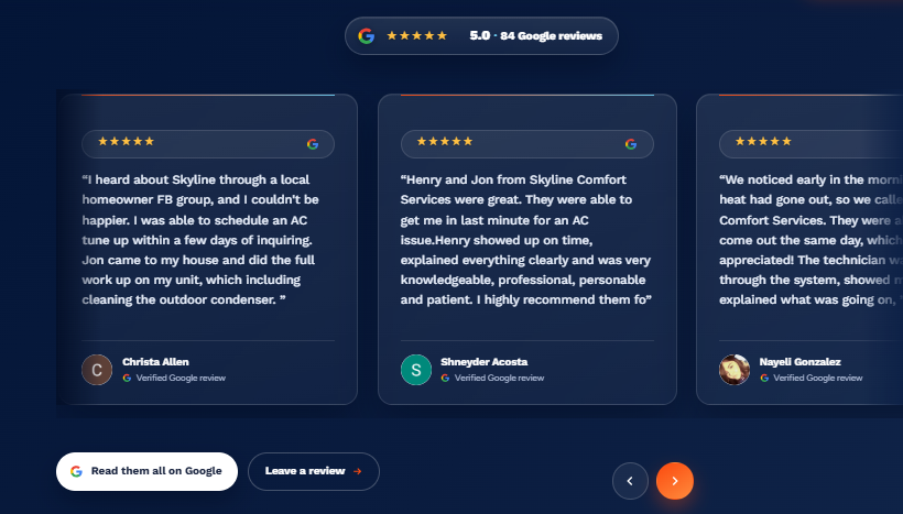 A client website featuring its Google reviews in a branded carousel, built by RS Gonzales