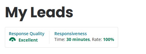 My Leads dashboard showing Response Quality Excellent, 30-minute average response time and 100% response rate