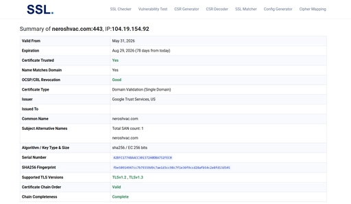 SSL certificate report for an HVAC client site showing the certificate is valid, current, and using up-to-date TLS