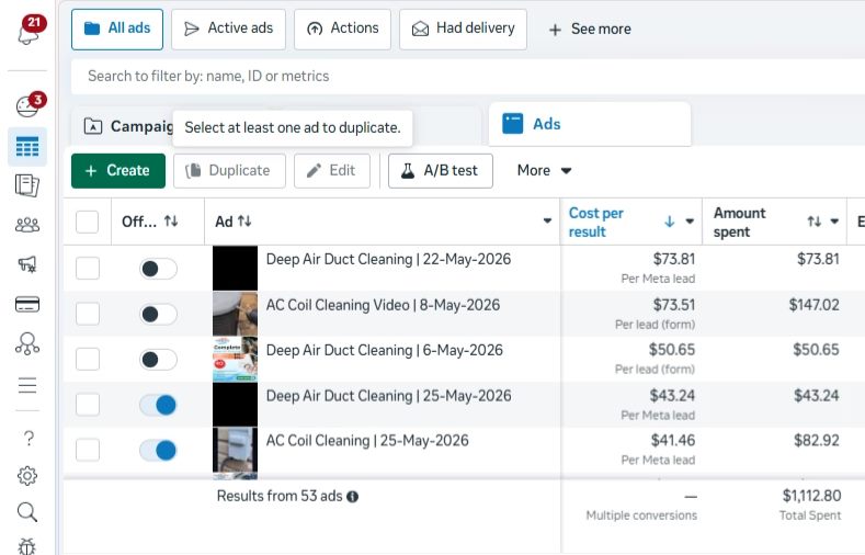 Meta Ads Manager all-ads view showing cost per result and amount spent per HVAC ad