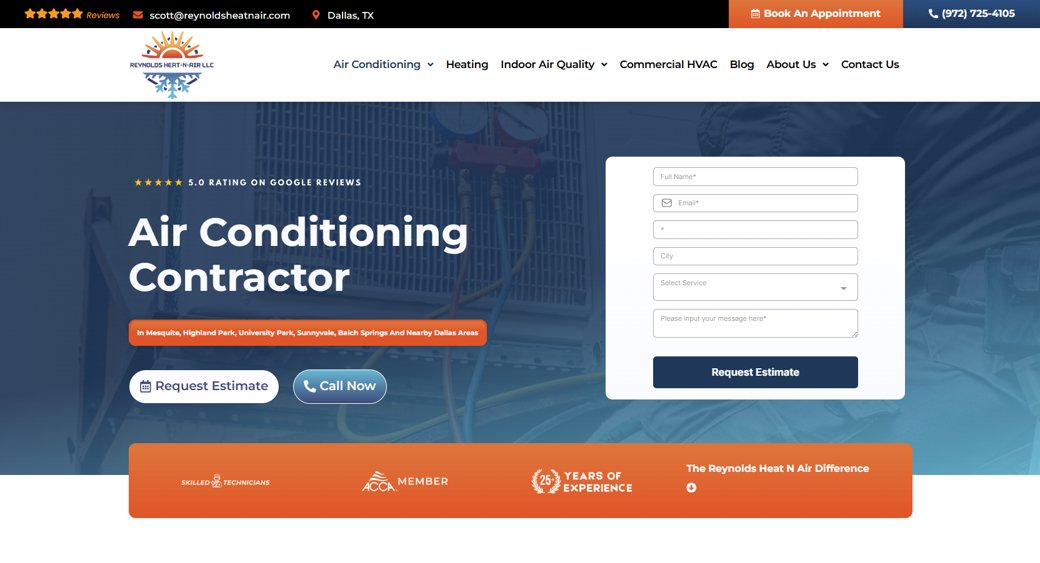 An HVAC contractor first screen with a request-estimate form, Call Now button, and trust signals