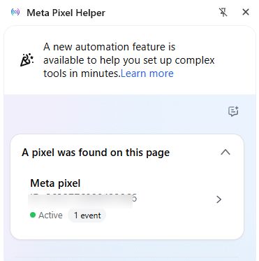 Meta Pixel Helper confirming an active pixel on the website