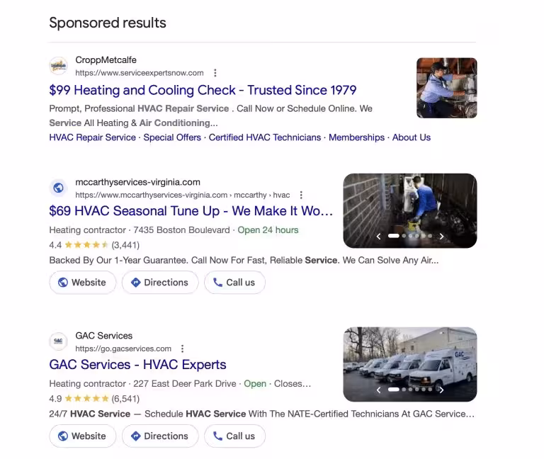 Sponsored Google Search results for HVAC contractors searching AC repair near me