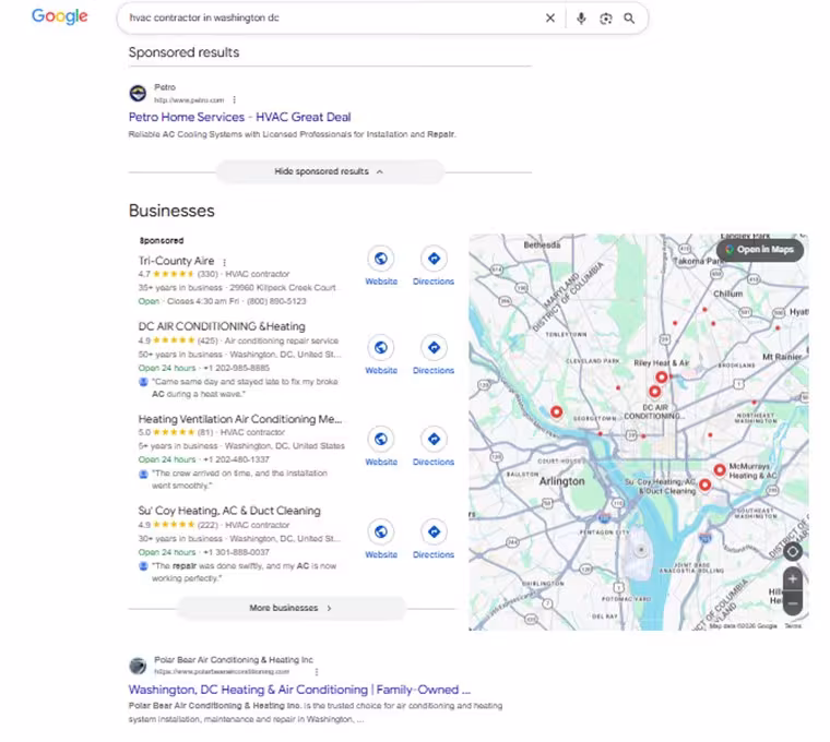 Google Search results for an HVAC repair query in Washington DC, showing sponsored ads and a list of paid business listings