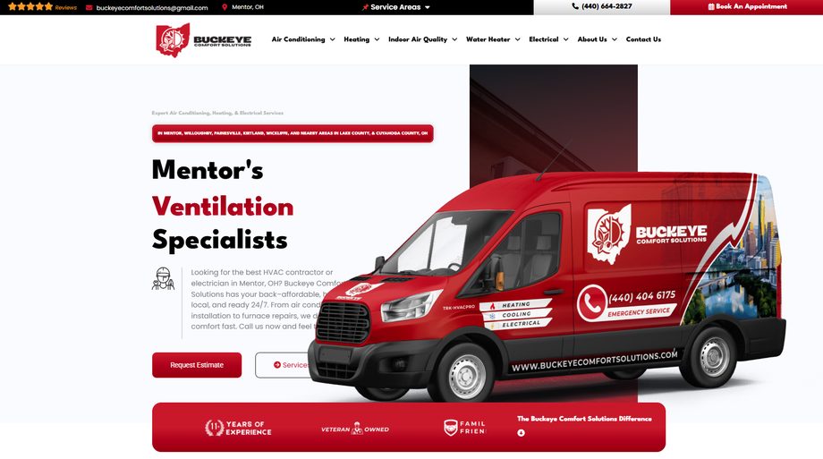 Buckeye Comfort Solutions homepage, built from scratch in Mentor, OH