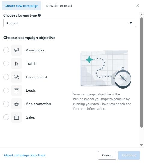 Meta Ads Manager campaign objective selection screen