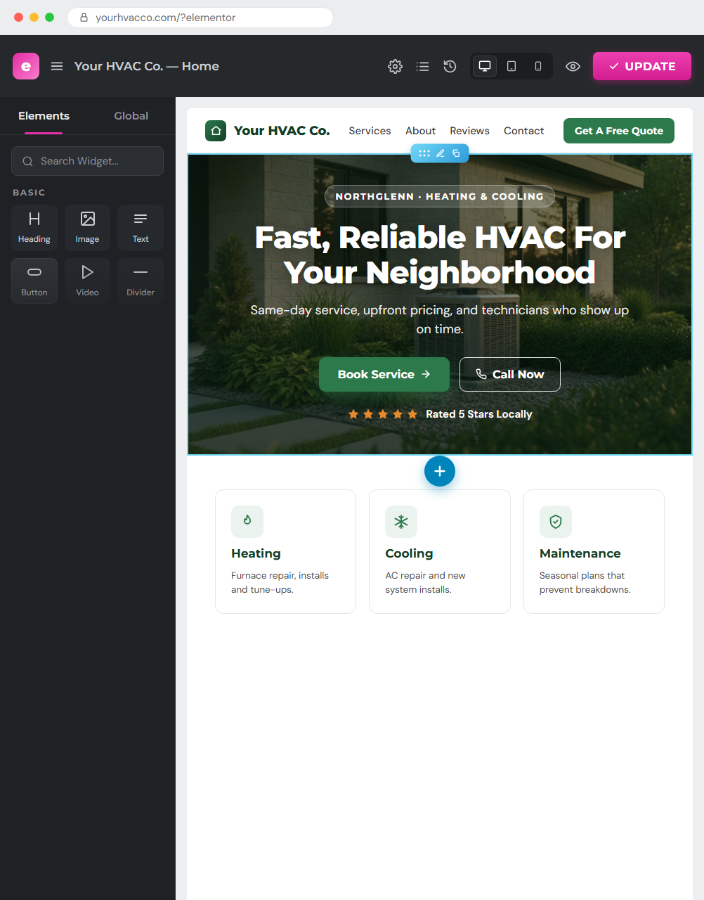WordPress and Elementor editor designing a premium, mobile-friendly HVAC website for an HVAC contractor