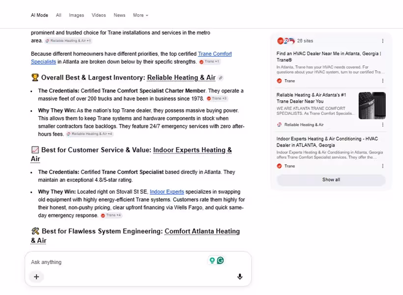 Google AI Mode answer recommending HVAC dealers in Atlanta, including Indoor Experts Heating & Air