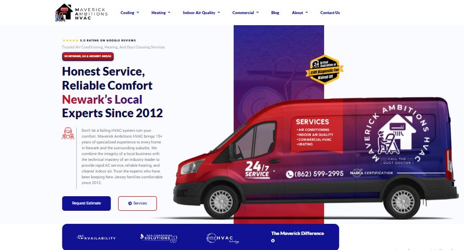 The Maverick Ambitions HVAC website telling the owner’s Newark community story, with a branded red service van