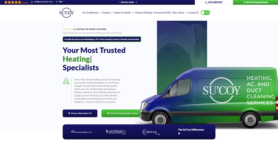 The Su’Coy HVAC website built around the owner’s community work, with a branded green service van