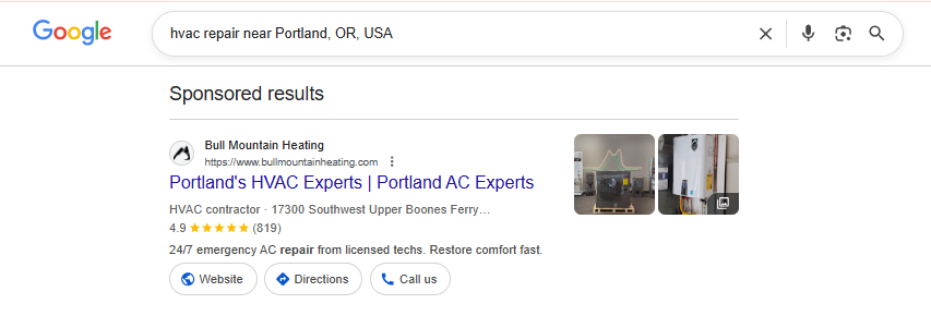 Real Google Local Services result for Bull Mountain Heating in Portland OR — 4.9 stars across 819 reviews, 24/7 emergency repair promise, photos visible. Anchors the review-volume + velocity claim.